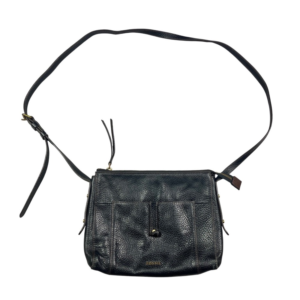 Fossil Black Pebbled Leather Crossbody Bag Adjustable Strap Zippered Purse